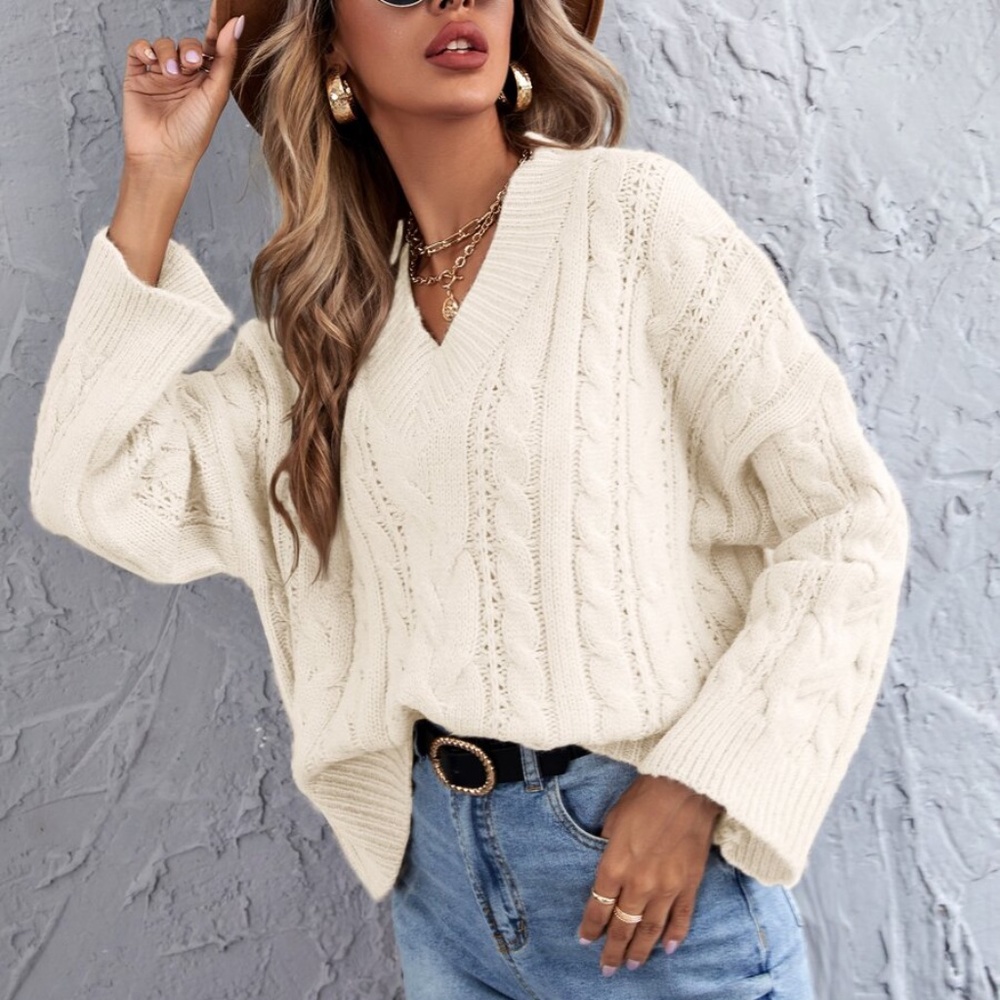 V neck Chunky Knit Cable Oversized Sweater Khaki - Picture 9 of 14